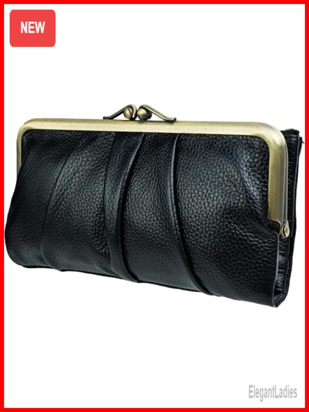Real Leather RFID Bifold Clutch Wallet with Kiss Lock and Zipper Coin Pocket